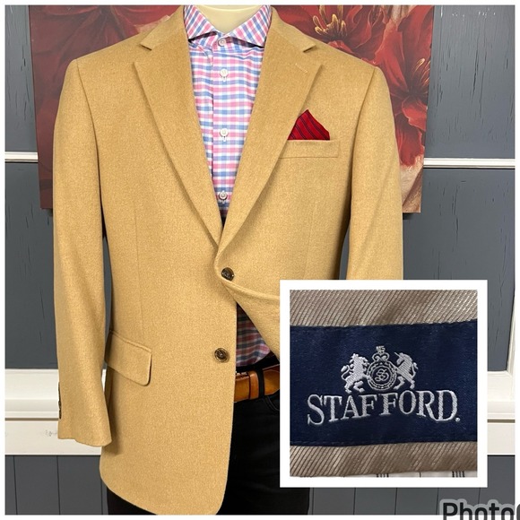 Vintage Stafford 👉Altered👈 Blazer Jacket Mens 42R Camel‎ Hair Golden Khaki - Picture 1 of 12